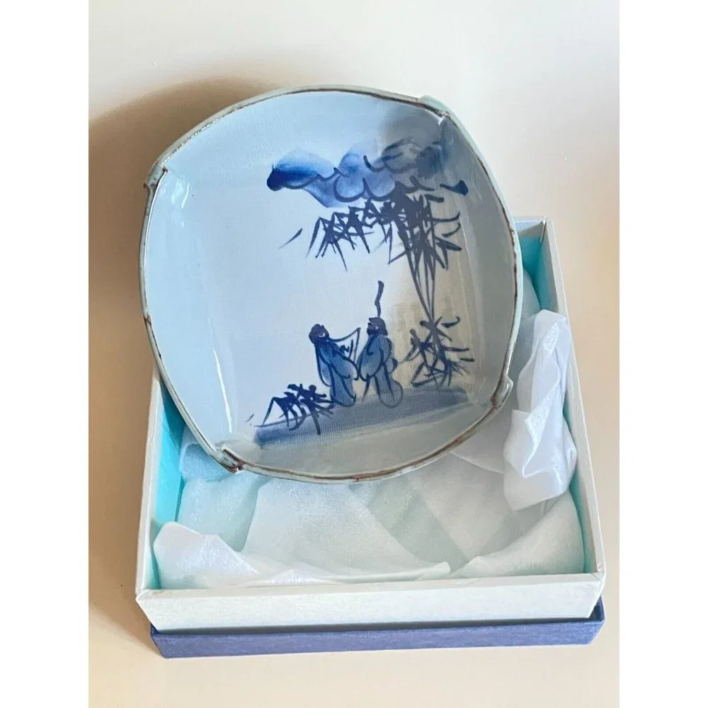 Vintage Japanese Blue White Glazed Pottery Stone Ware Bowl Boxed Signed - Picture 3 of 8